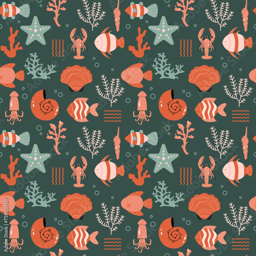 Sea and ocean flora and fauna seamless pattern on green background