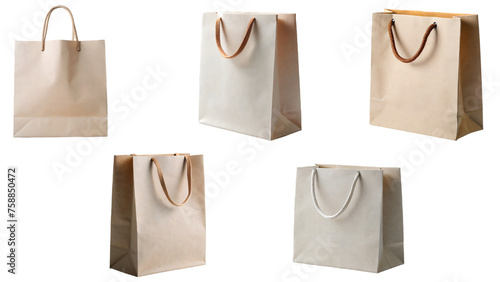 Set of brown paper bags for shopping, gifts, or retail, isolated on white background with handles Empty containers for purchase or packaging, suitable for merchandise or fashion store