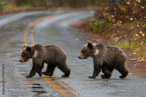 Two grizzly bear cubs crossing the road