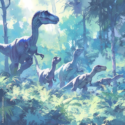 A stealthy Velociraptor pack in a dense environment, poised for an attack. This action-packed image showcases their ferocity and teamwork. photo