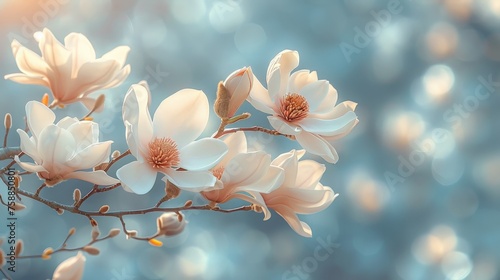 Delicate magnolia flowers in full bloom against a dreamy blurred background, highlighted by the gentle morning sun