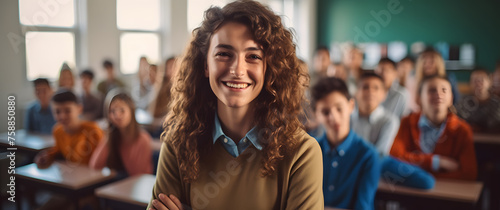 Portrait of a young woman teacher school class children on a panoramic background. photo