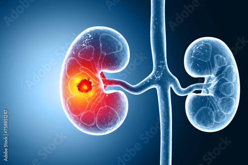 Medically accurate illustration of kidney cancer. showing presence of cancerous tumor inside the kidney. 3d illustration