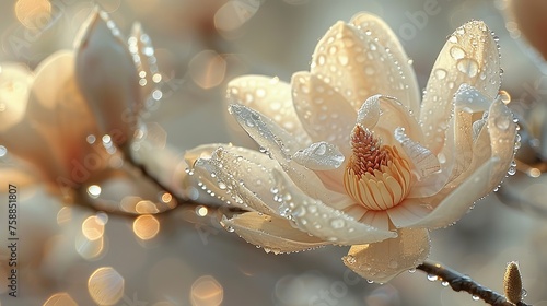 Morning dew adorns magnolia blooms with sparkling droplets as dawns light bathes the scene in a warm glow
