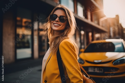 Woman in Yellow Jacket Walking Down Street