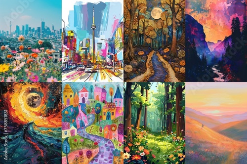 Collection of urban and rural Toronto landscapes, watercolor illustration made with Generative AI