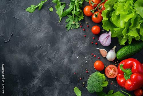 top view, vegetarian food, ingredients for fresh vegetable salad, greens, tomato, onion, cucumber, empty space for text on the side, black background for menu