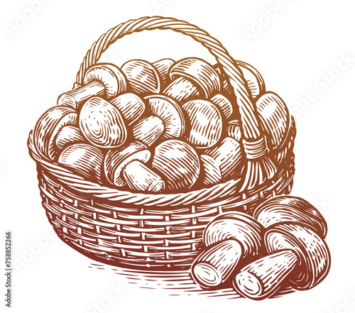 Full basket of freshly picked porcini mushrooms. Organic food. Hand drawn sketch vector illustration
