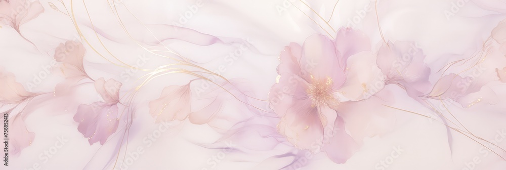 A beautiful painting featuring delicate pink flowers contrasted against a serene white background, creating a harmonious and elegant composition