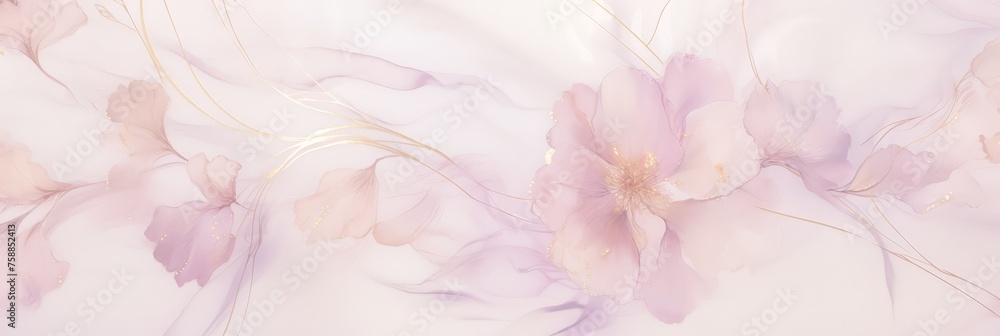 A beautiful painting featuring delicate pink flowers contrasted against a serene white background, creating a harmonious and elegant composition A beautiful painting featuring delicate pink flowers contrasted against a serene white background, creating a harmonious and elegant composition