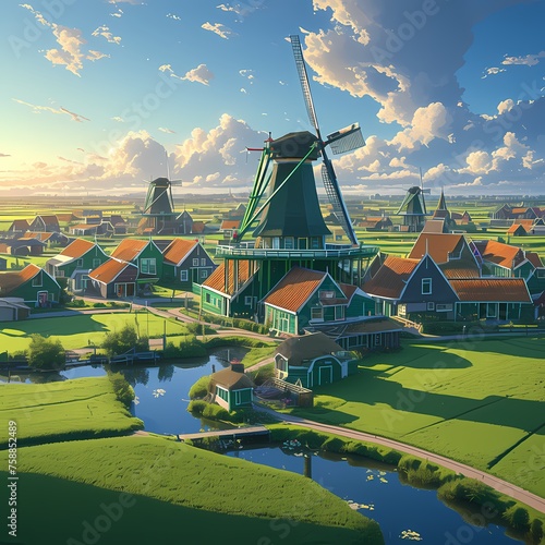 A serene village scene with historic windmills at the Zaanse Schans in the Netherlands. A picturesque setting for travel and cultural exploration.
