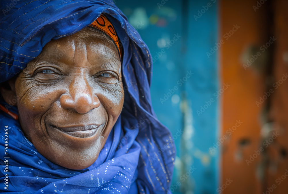 A woman with a blue scarf on her head and a smile on her face A woman with a blue scarf on her head and a smile on her face