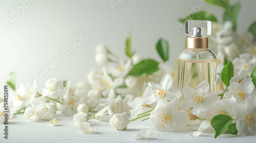 women's glass perfume bottle stands with bokeh near jasmine branches, white flower with petals, sunlight, empty space for text, white background