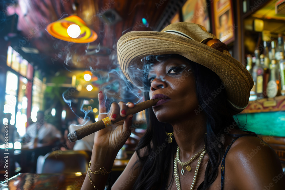 Cuban Woman smoking big cigar: A photo of an attractive black woman wearing a hat and smoking a cigar in a Cuban bar