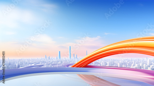 Urban building skyline with bright and colorful circular design in orange  blue and purple. Can be used for covers
