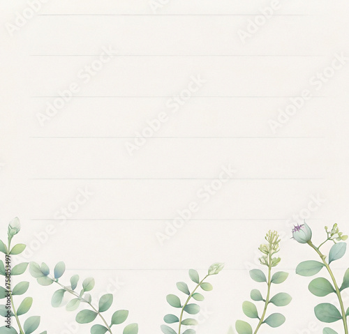 Background with flowers. Green leaves template. Beautiful background with empty copy space. Blank paper page with lines. Notebook  dairy sheet.