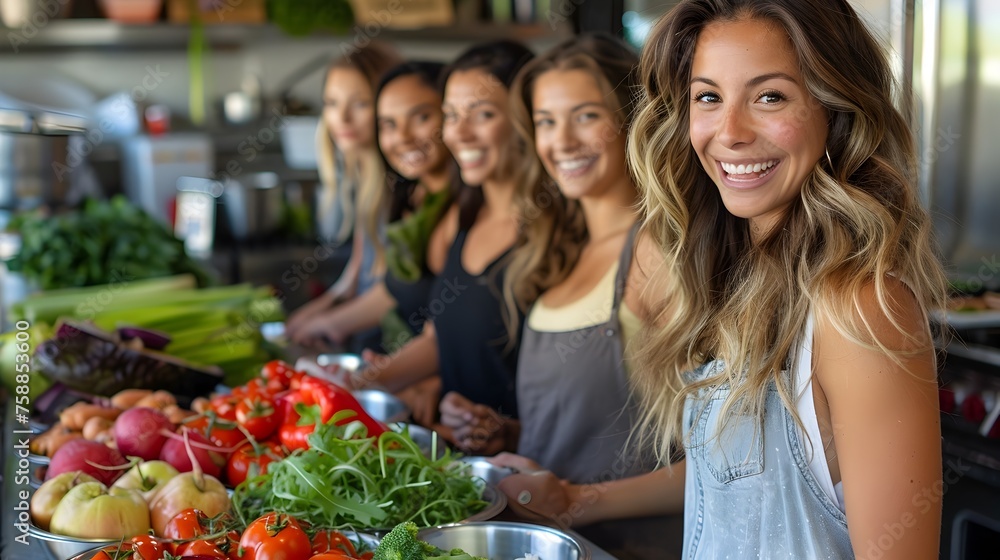 A group of women are smiling and standing in front of a table full of vegetables