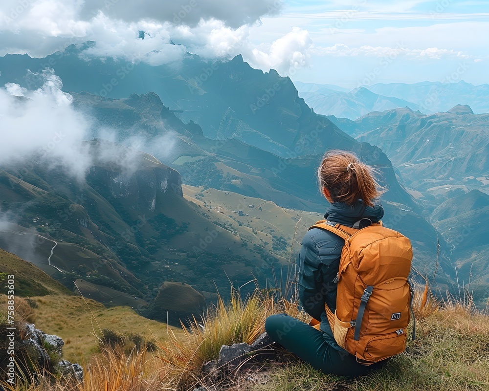 Naklejka premium A woman sits on a mountain top with a yellow backpack