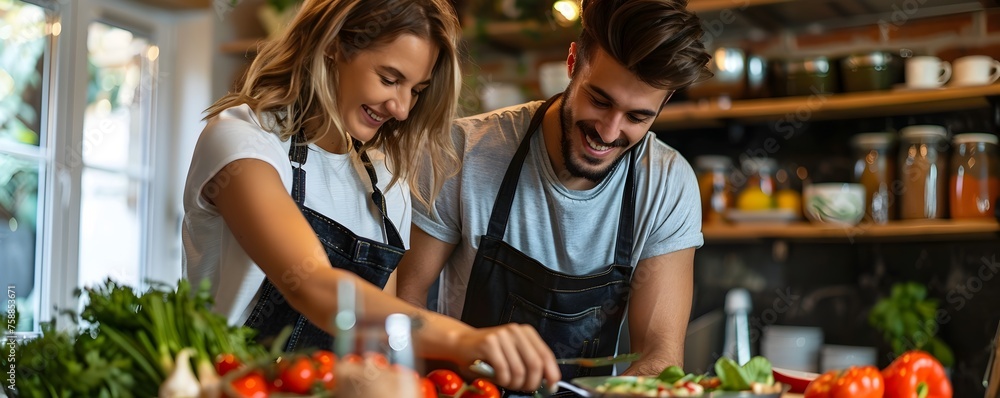 Obraz premium A man and woman are preparing food together in a kitchen