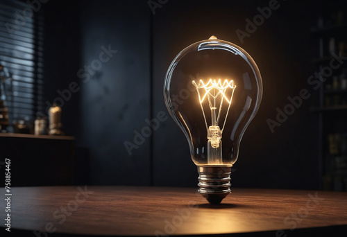 A light bulb is lit up on a table in a dark room, oncept of creativity and inspiration photo