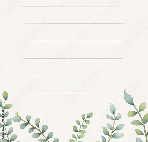 Background with flowers. Green leaves template. Beautiful background with empty copy space. Blank paper page with lines. Notebook, dairy sheet.