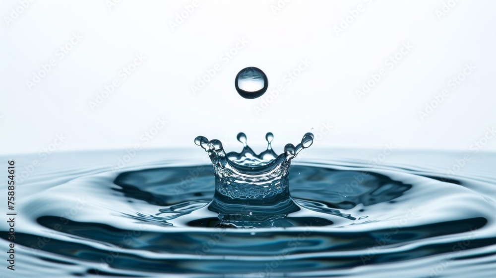 Drop of water is captured mid-air, creating a beautiful crown splash upon impact with calm surface below. Water drop on white background. Photography capturing the elegance of a water drop. Drop of water is captured mid-air, creating a beautiful crown splash upon impact with calm surface below. Water drop on white background. Photography capturing the elegance of a water drop.