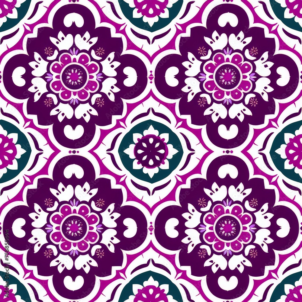A vibrant purple and green flower pattern dances gracefully across a crisp white canvas, creating a mesmerizing display of colors and shapes