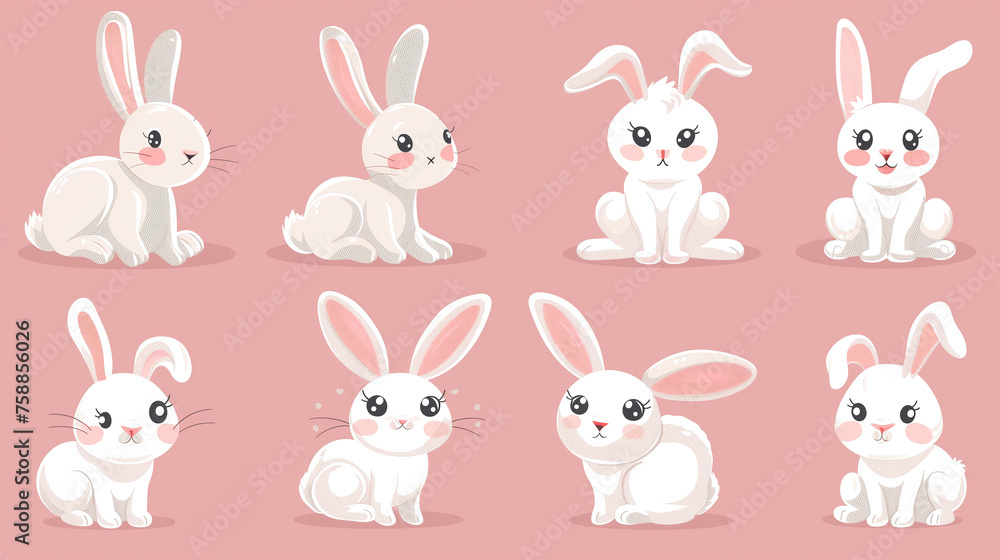 Cute Cartoon Rabbits Collection. Adorable Bunny Characters on Pink Background.