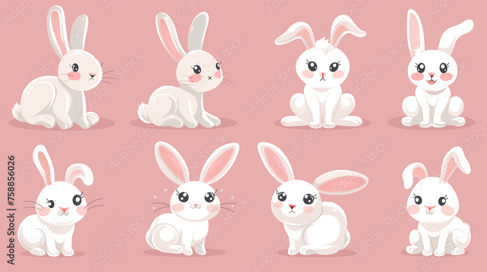 Cute Cartoon Rabbits Collection. Adorable Bunny Characters on Pink Background. Cute Cartoon Rabbits Collection. Adorable Bunny Characters on Pink Background.