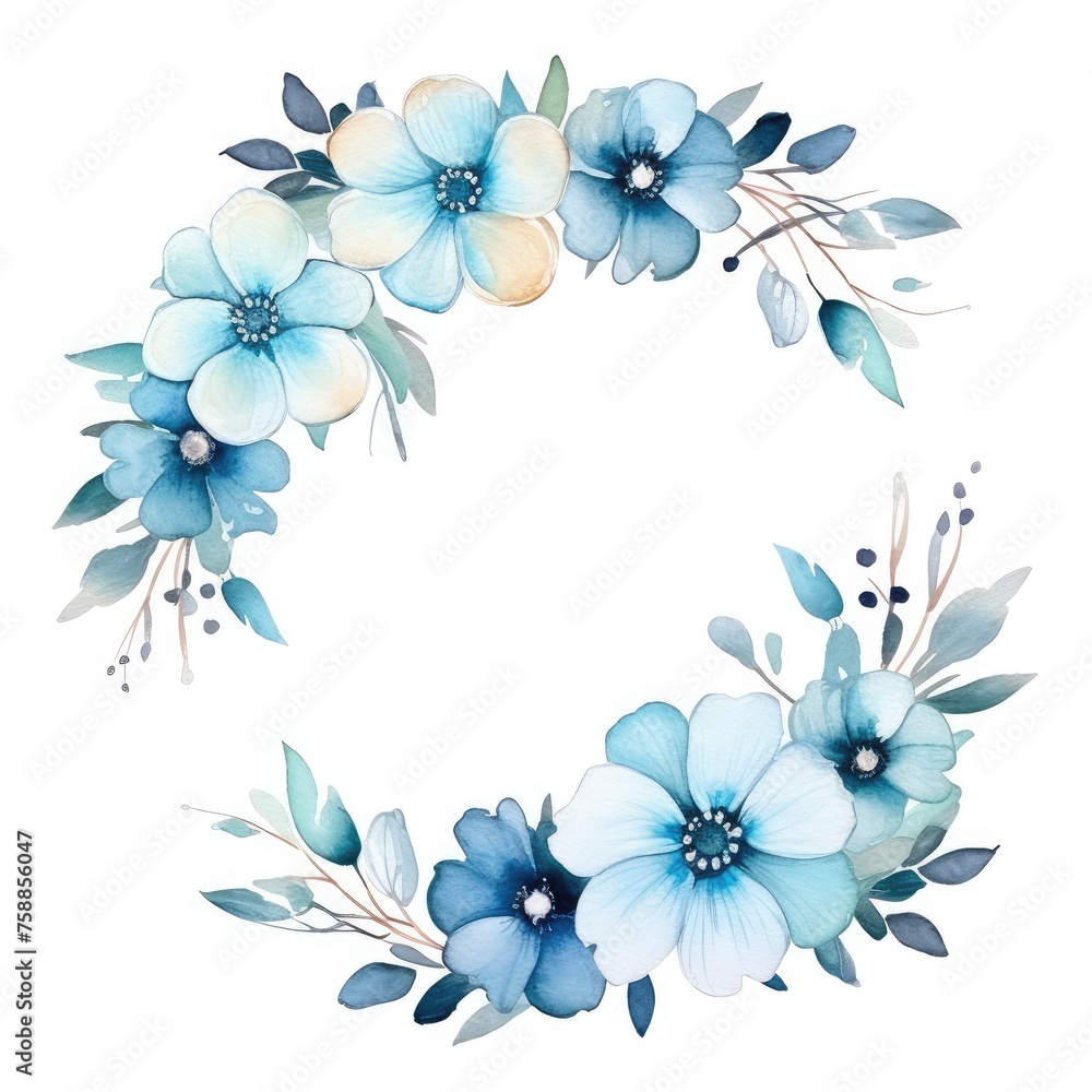 Obraz premium Beautiful Watercolor Wreath With Blue and Purple Flowers and Foliage