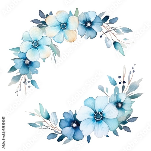 Beautiful Watercolor Wreath With Blue and Purple Flowers and Foliage