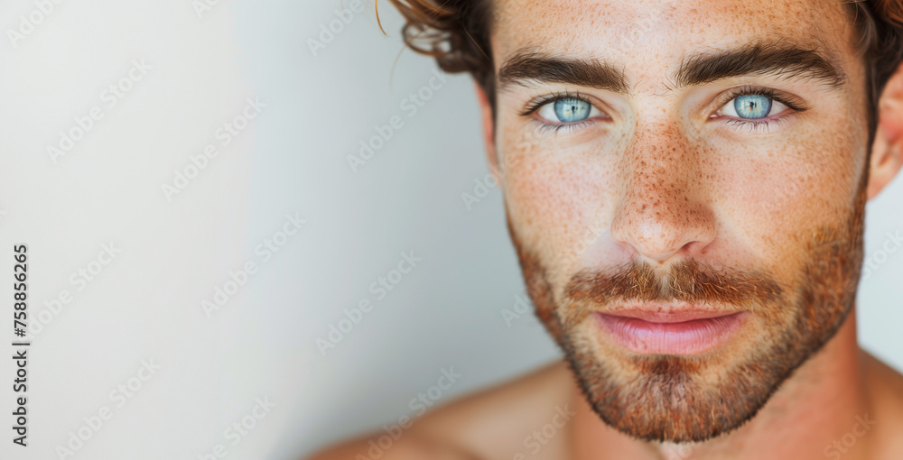 Obraz premium closeup of handome man's face brunette with freckles and blue eyes isolated on plain light white studio background with copy space