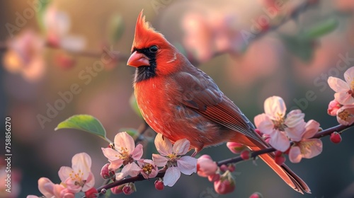 red cardinal bird sits on a blossoming branch of an apple tree © ND STOCK