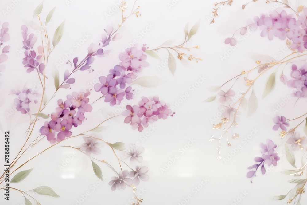A mesmerizing painting featuring delicate purple flowers blooming against a pristine white background, exuding elegance and tranquility