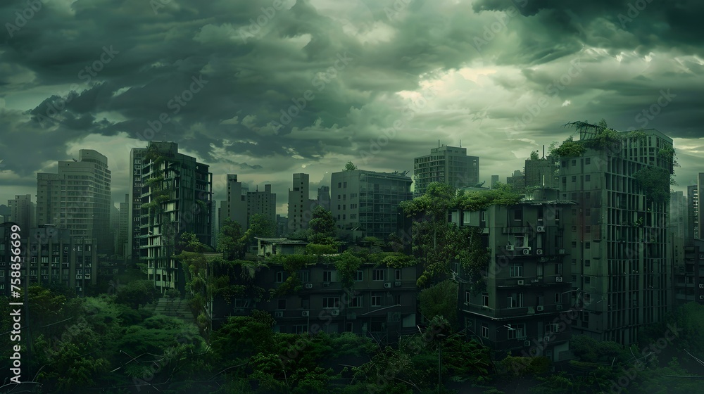 Obraz premium Post-apocalyptic cityscape with overgrown buildings under dark clouds. mysterious, eerie atmosphere in a dystopian world. perfect for dramatic backdrops. AI