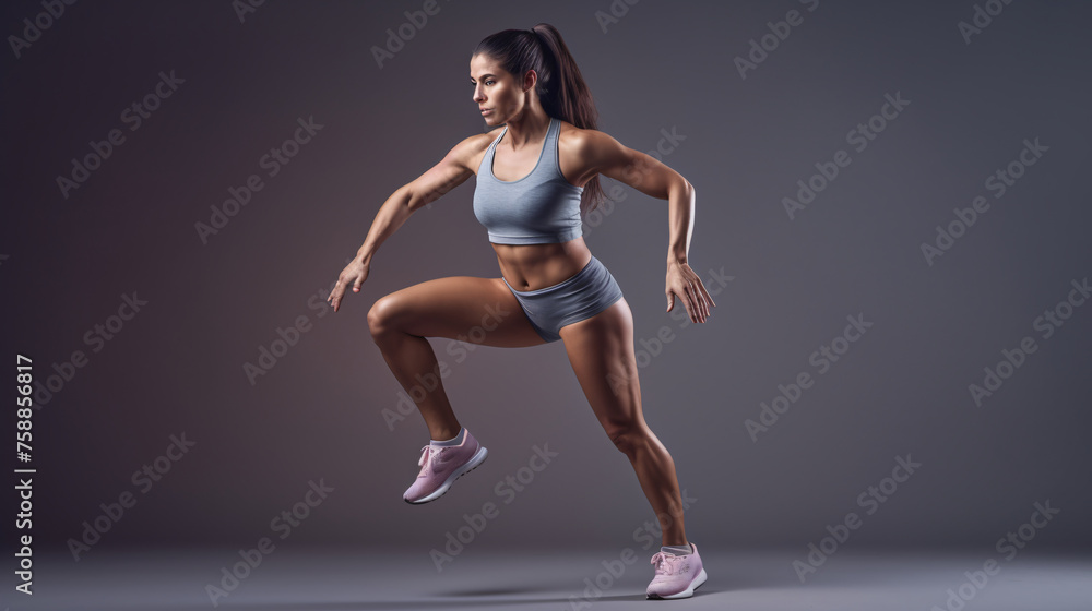 Sporty young female working out to improve her strength standing over isolated background.