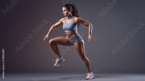 Sporty young female working out to improve her strength standing over isolated background.