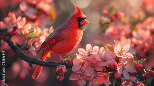 red cardinal bird sits on a blossoming branch of an apple tree