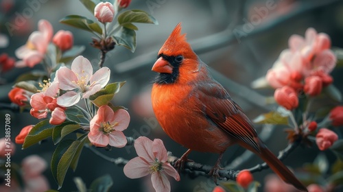 red cardinal bird sits on a blossoming branch of an apple tree photo