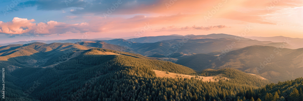 panorama of the mountain landscape, view into the distance, forests, sunlight in the sky, view from the top, aerial photography, for a banner, wild hills, hiking