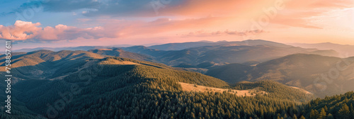 panorama of the mountain landscape, view into the distance, forests, sunlight in the sky, view from the top, aerial photography, for a banner, wild hills, hiking