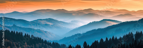 panorama of the mountain landscape, distant view with fog, pine forests, trees, orange sunset sky, light and shadow, wild hills, hiking