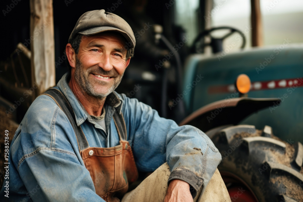 Portrait of a smiling farmer sitting next to a tractor Portrait of a smiling farmer sitting next to a tractor