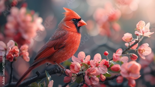 red cardinal bird sits on a blossoming branch of an apple tree