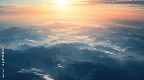 landscape of mountains with fog, clouds in the sky with a ray of sunshine, dawn, panorama,