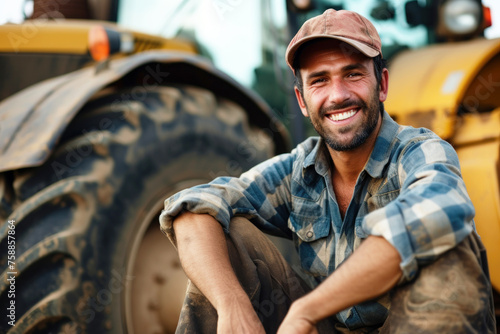 Portrait of a smiling farmer sitting next to a tractor © Anna
