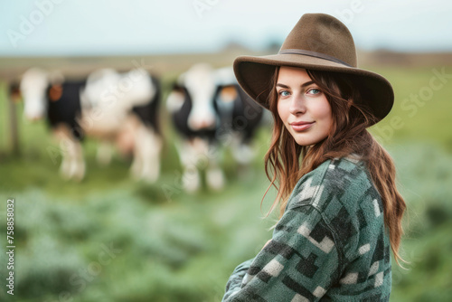 Portrait of a young woman on a farm with cows in the background. Woman farmer concept © Anna