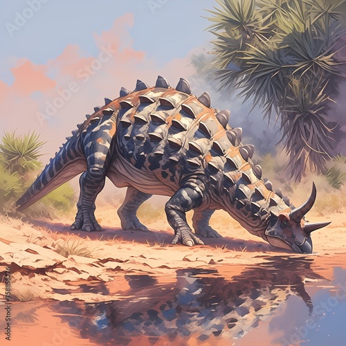 Exploring Prehistoric Wonders  A majestic Ankylosaurus roams a serene riverbed  evoking the ancient allure of the Stone Age.