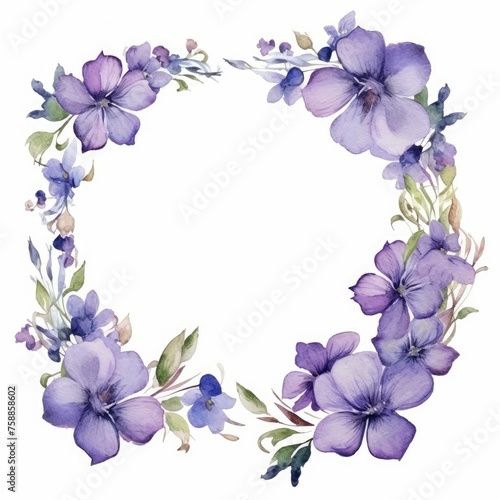 Watercolor floral wreath of purple flowers on a white background, lilac branches and foliage. Botanical illustration of flowers. Wedding decorations for design.