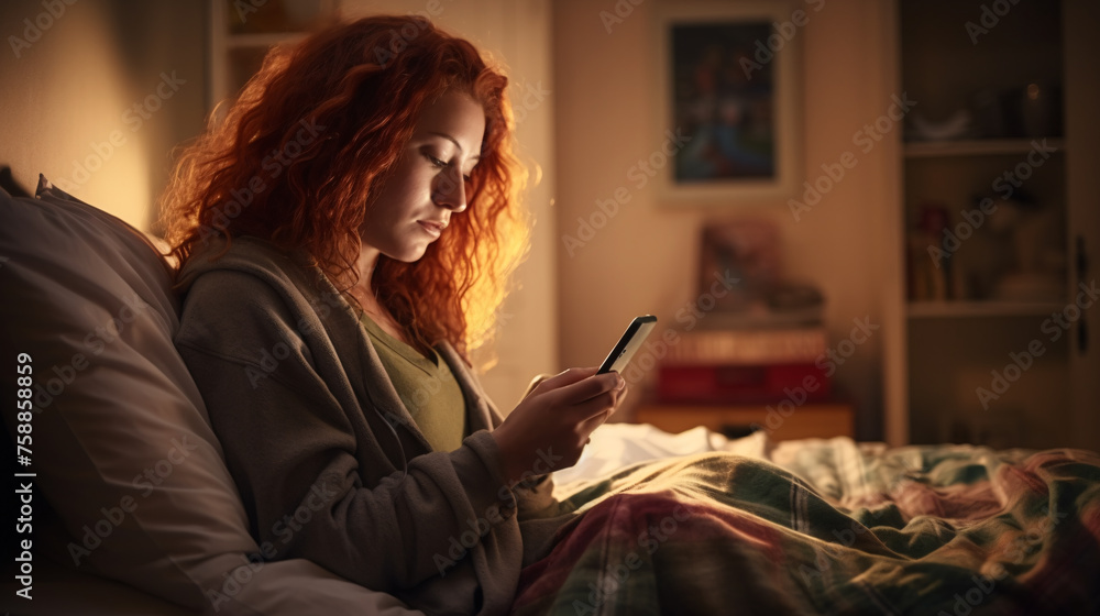 Still cozy in bed, beautiful irish redhead woman awakes early morning, finds herself relaxed, seriously concentrating on smartphone alarm clock time in her comfortable bedroom. - obrazy, fototapety, plakaty 